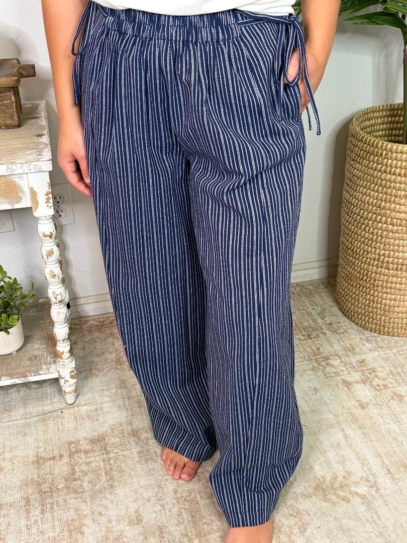 Midnight Navy Stone Washed Striped Side Tie Pants