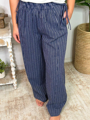 Midnight Navy Stone Washed Striped Side Tie Pants