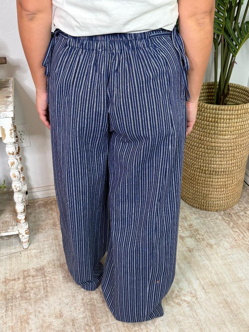 Midnight Navy Stone Washed Striped Side Tie Pants
