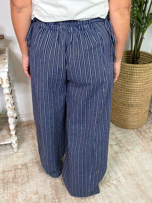 Midnight Navy Stone Washed Striped Side Tie Pants