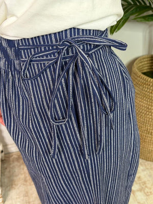 Midnight Navy Stone Washed Striped Side Tie Pants