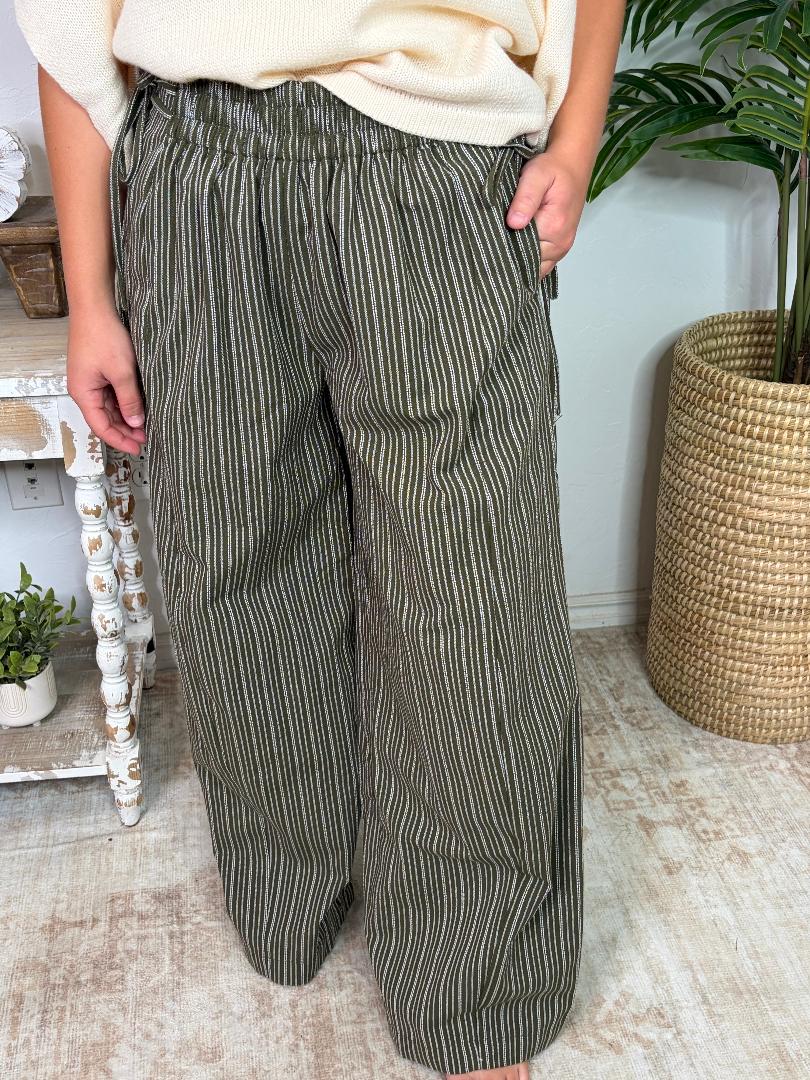 Olive Stone Washed Striped Side Tie Pants