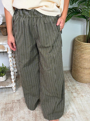 Olive Stone Washed Striped Side Tie Pants