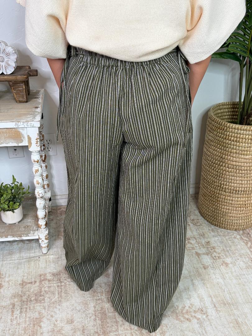 Olive Stone Washed Striped Side Tie Pants