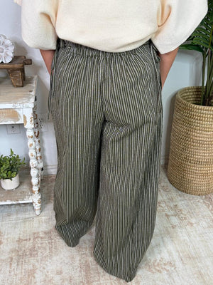 Olive Stone Washed Striped Side Tie Pants
