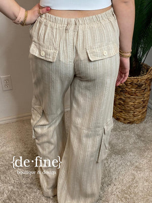 Natural Striped Cargo Pants with Drawstring Waist