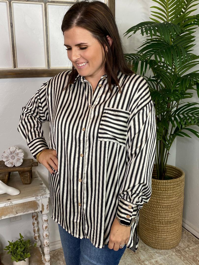 Black and White Striped Satin Blouse in Curvy