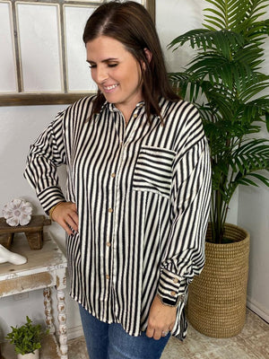 Black and White Striped Satin Blouse in Curvy
