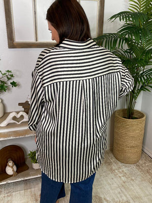 Black and White Striped Satin Blouse in Curvy