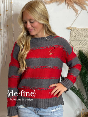 Red and Gray Distressed Striped Sweater