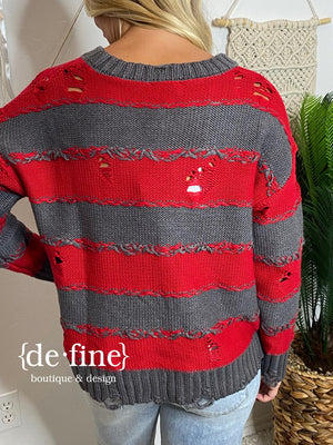 Red and Gray Distressed Striped Sweater