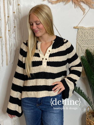 Black and White Striped Bell Sleeve Henley Sweater