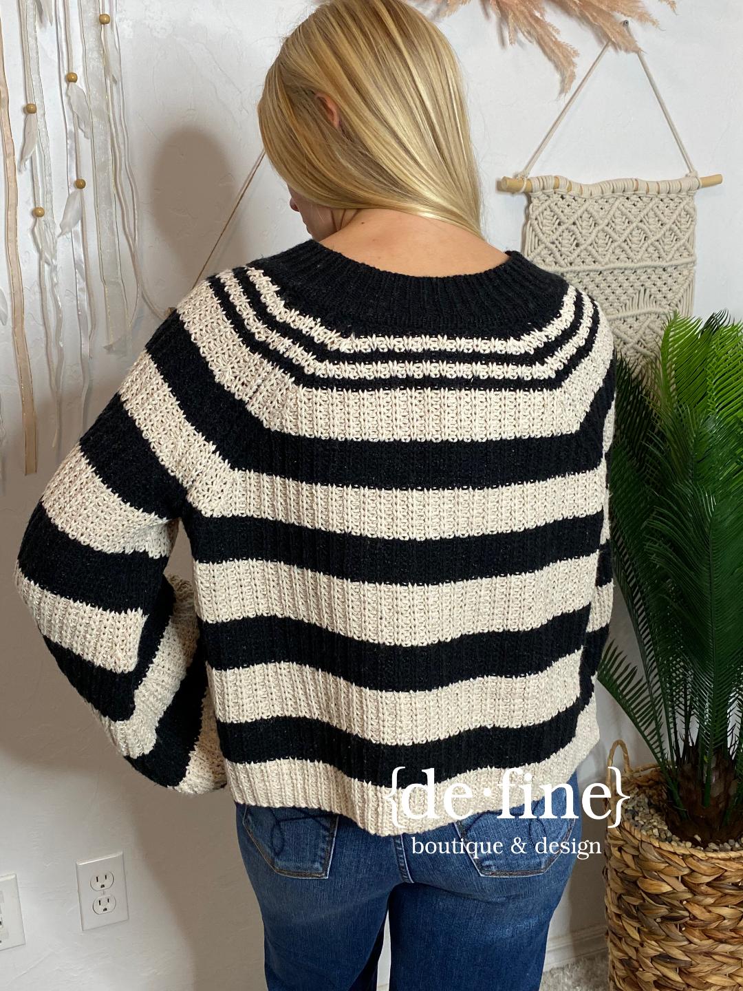 Black and White Striped Bell Sleeve Henley Sweater