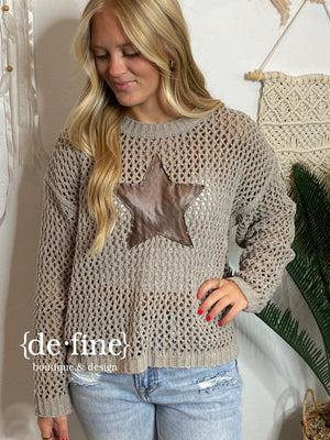 Grayish Chenille Sweater with Brown Leather Star