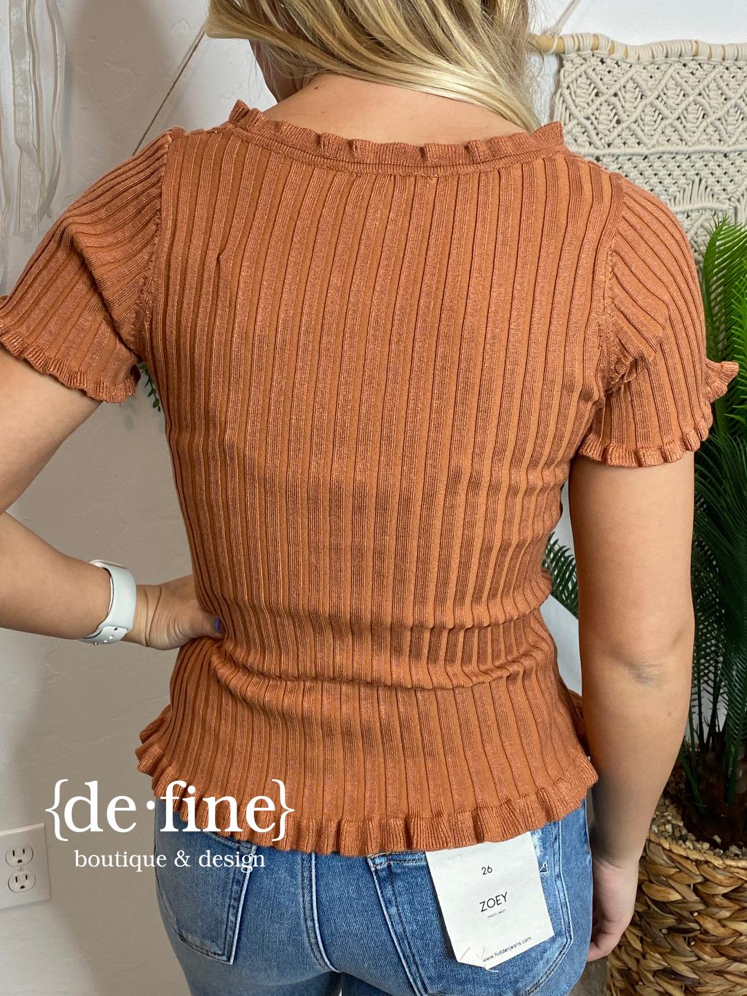 Clay Ribbed Tee with Pearl Buttons