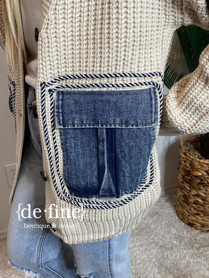 Oatmeal Sweater with Denim Pockets & Accents