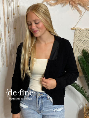 Elbow Patch Cardigan with Pockets in Black or Oatmeal