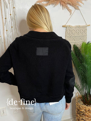 Elbow Patch Cardigan with Pockets in Black or Oatmeal