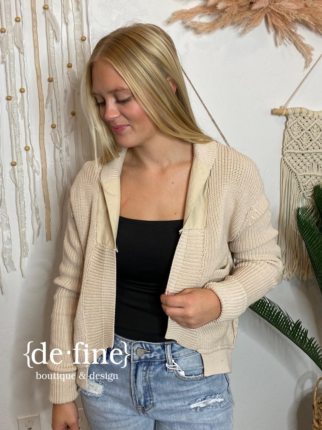 Elbow Patch Cardigan with Pockets in Black or Oatmeal