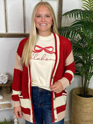 Crimson and Cream Striped Cardigan