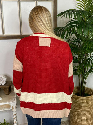 Crimson and Cream Striped Cardigan
