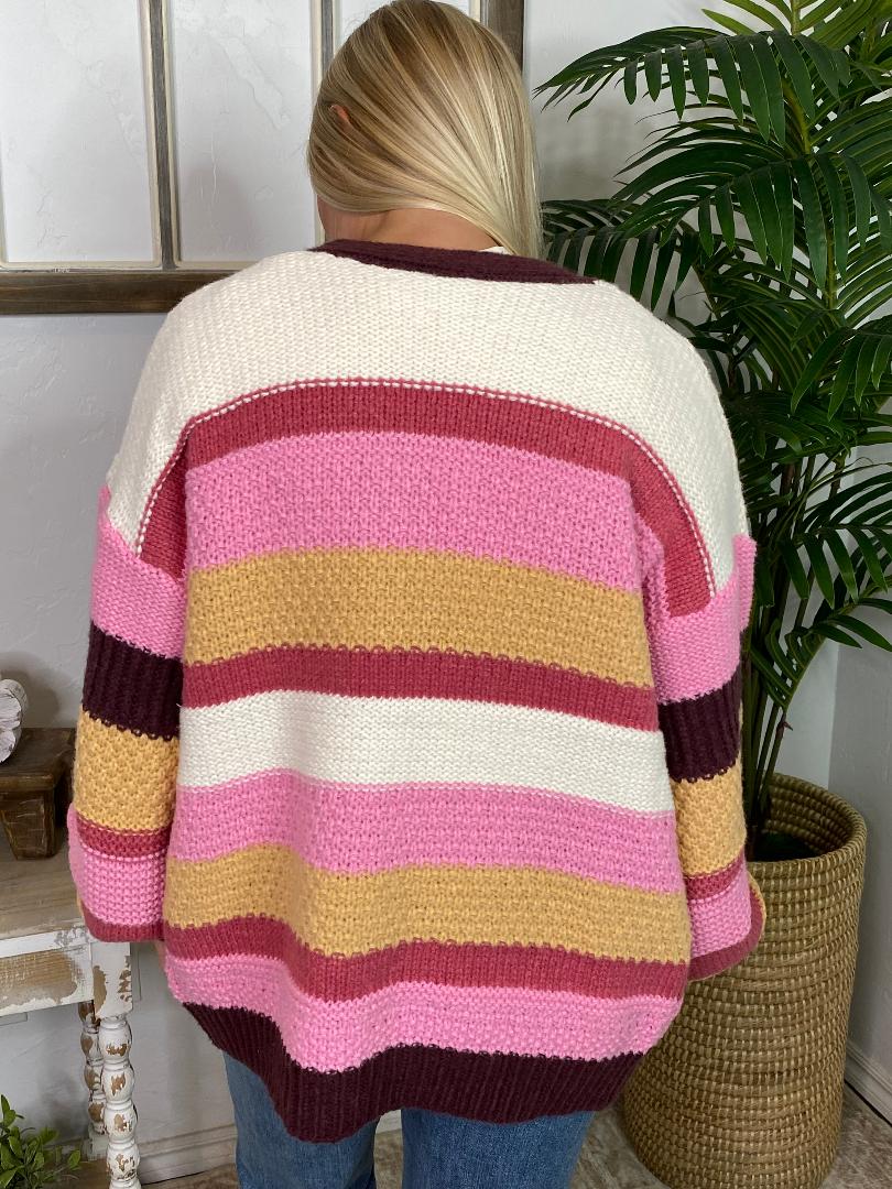 Berry and Tan Striped Cardigan