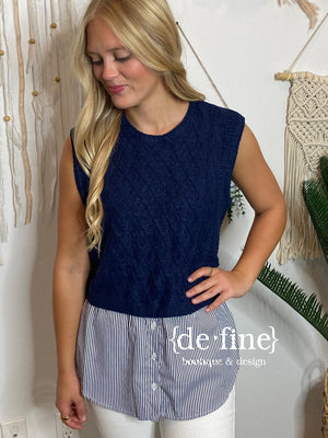 Navy Sweater Vest with Striped Layer Top