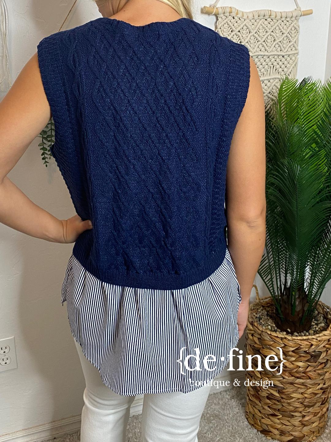 Navy Sweater Vest with Striped Layer Top