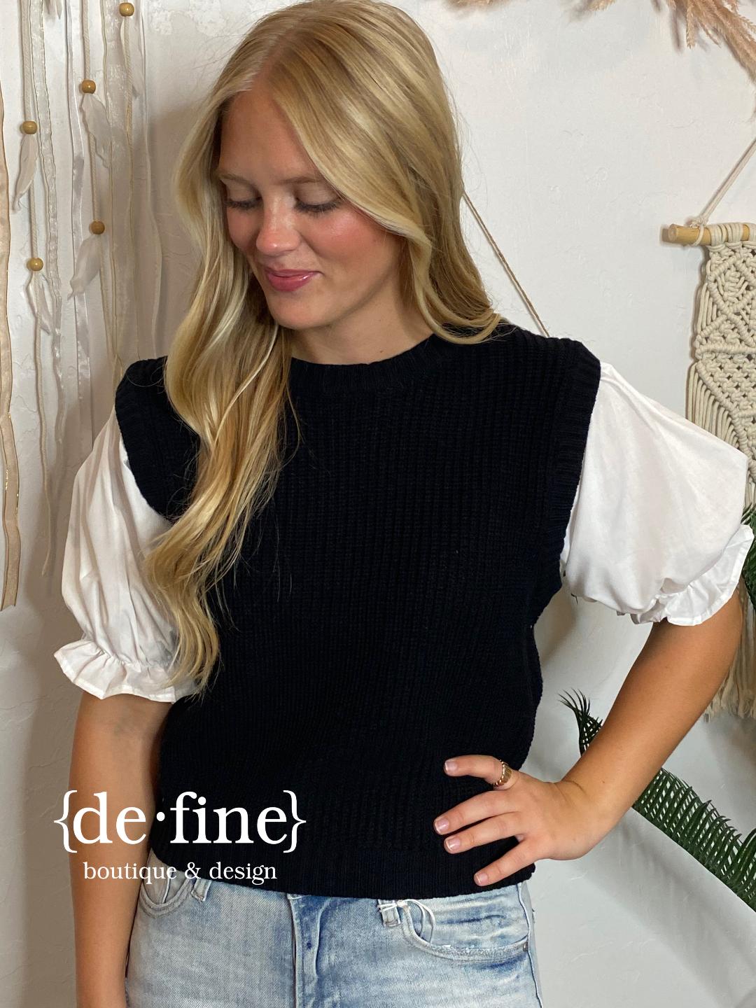 Black Sweater Vest with White Puff Sleeve Layer