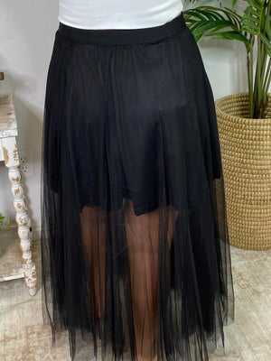 Black Mesh Midi Skirt with Half Lining