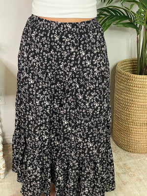 Black Tiered Midi Skirt with Tiny Lavender Flowers