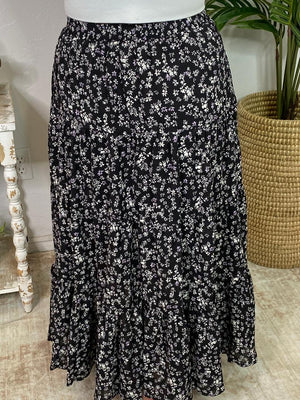 Black Tiered Midi Skirt with Tiny Lavender Flowers