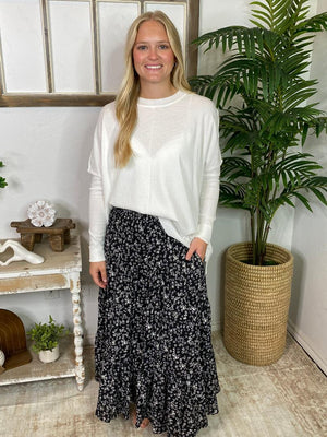 Black Tiered Midi Skirt with Tiny Lavender Flowers