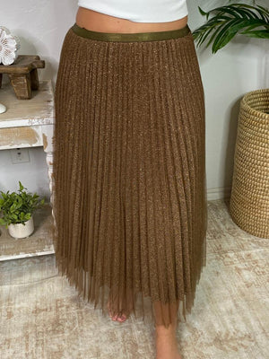 Sparkling Brown Pleated Mesh Midi Skirt