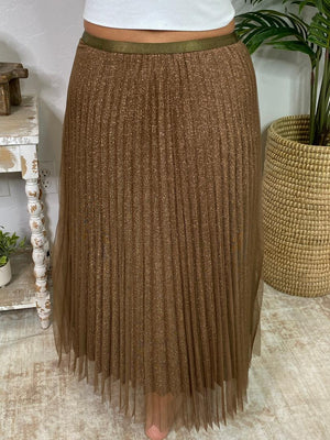 Sparkling Brown Pleated Mesh Midi Skirt