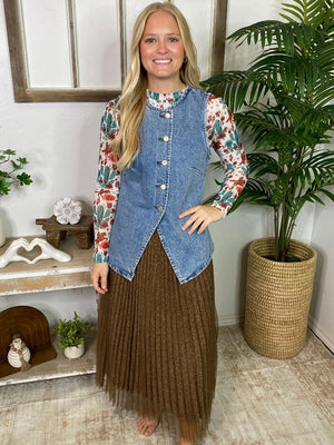 Sparkling Brown Pleated Mesh Midi Skirt