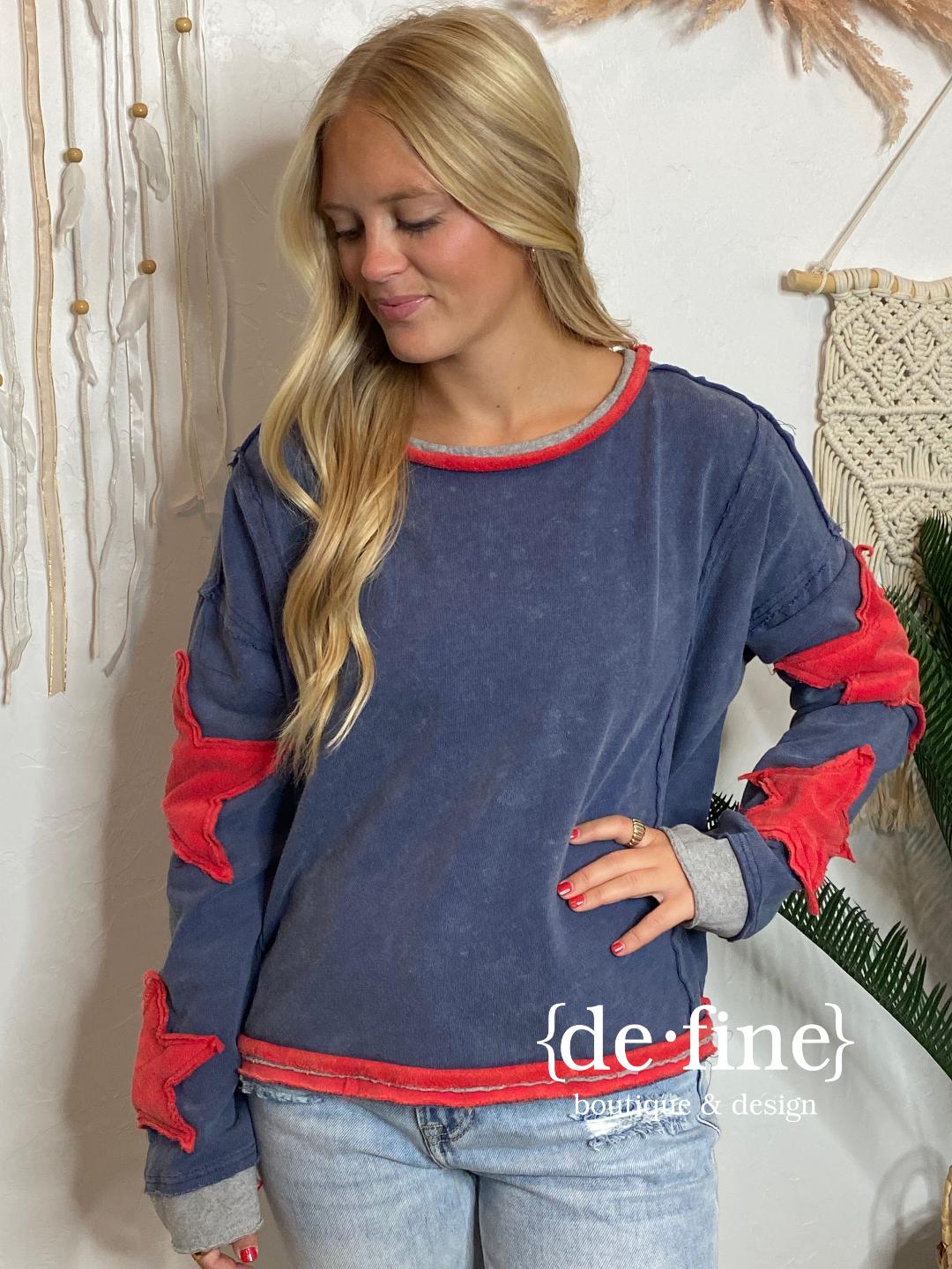 Denim Sweatshirt with Red Star Accents