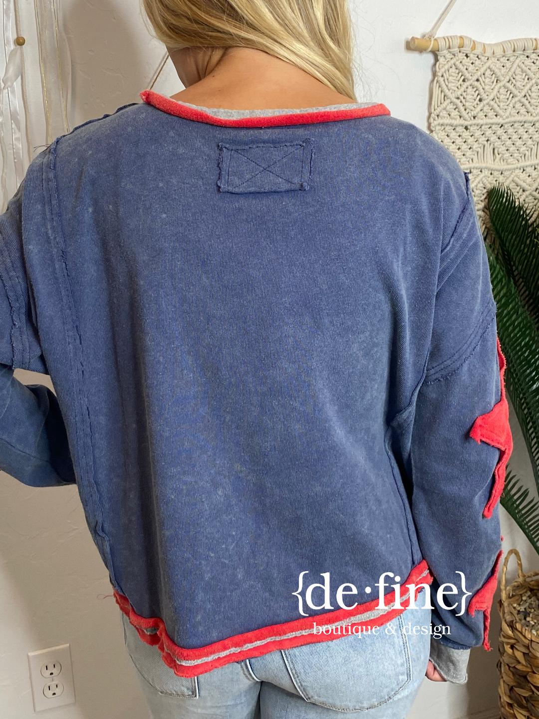 Denim Sweatshirt with Red Star Accents