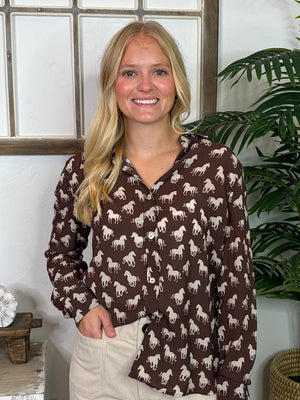 Brown Horse Print Button Down Shirt
