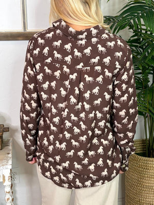 Brown Horse Print Button Down Shirt