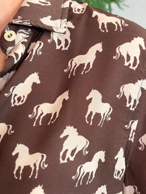 Brown Horse Print Button Down Shirt