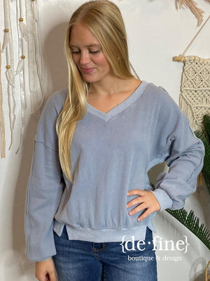 Oversized Off Shoulder V-Neck Long Sleeve Top - 2 Colors