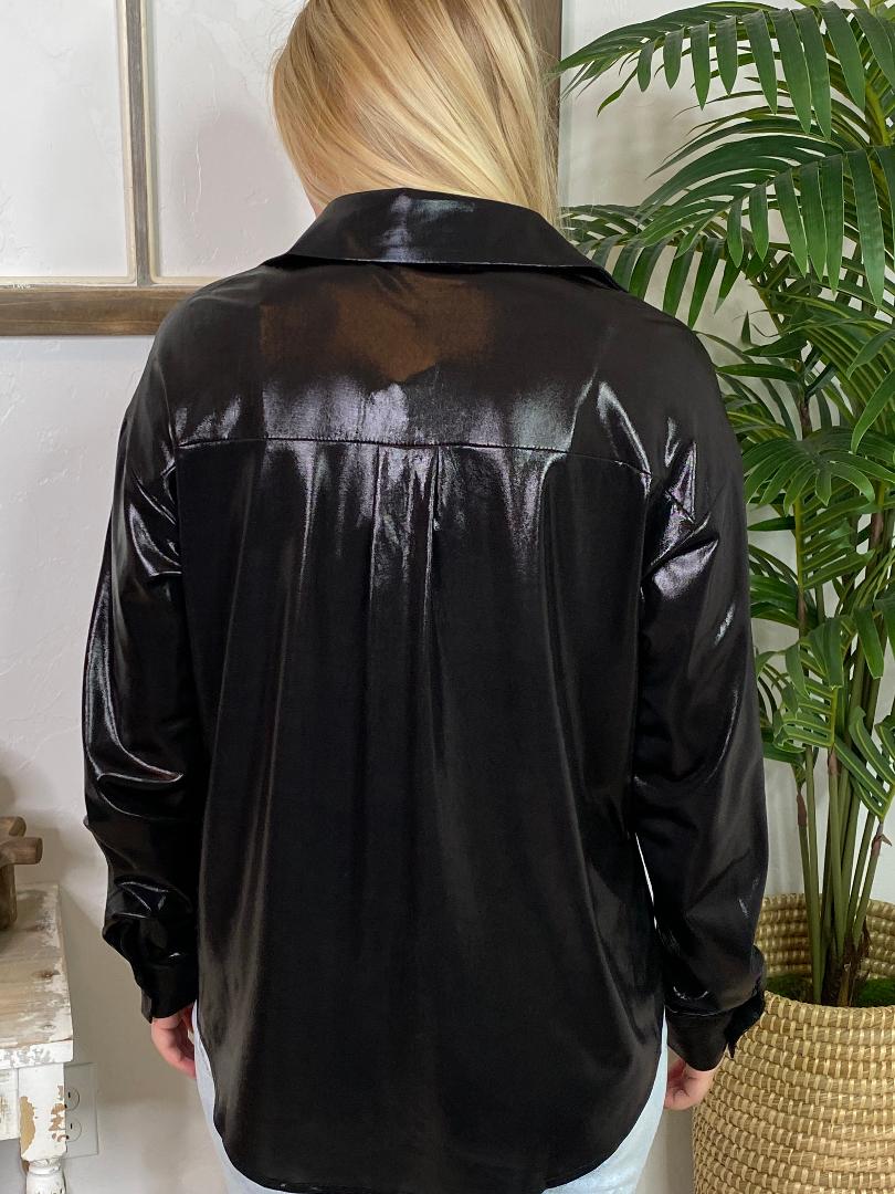 Black Shiny Button Up Top