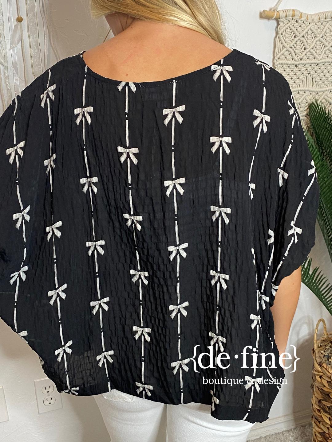 Black Blouse with White Bow Print