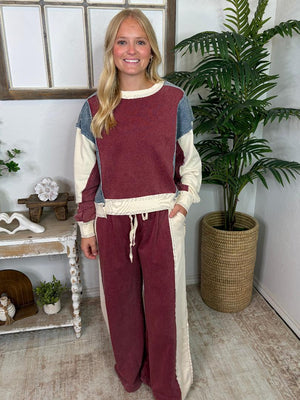 Dark Red, Cream, Denim Color Block Set - Best Seller!
