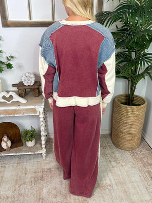 Dark Red, Cream, Denim Color Block Set - Best Seller!
