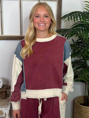 Dark Red, Cream, Denim Color Block Set - Best Seller!