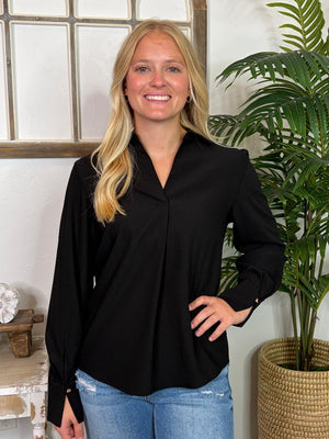 Collared V-Neck Blouse in Bone, Black or Brown