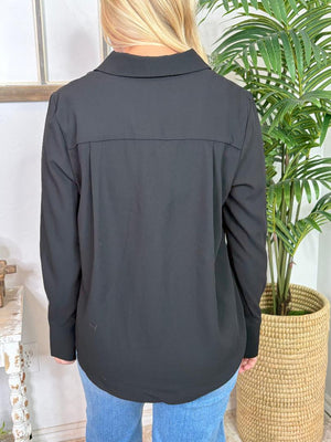 Collared V-Neck Blouse in Bone, Black or Brown