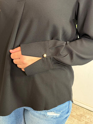 Collared V-Neck Blouse in Bone, Black or Brown
